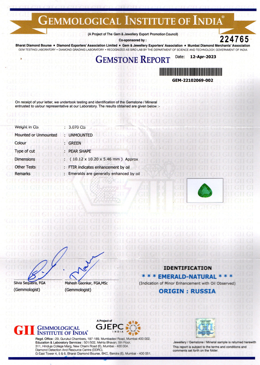 Russian Emerald - 3.07 Carat Rare Quality EMD-9785