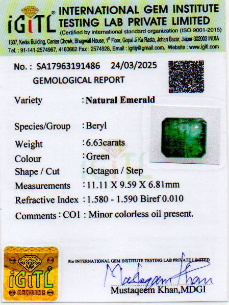 Zambian Emerald - 6.63 Carat Prime Quality EMD-9789