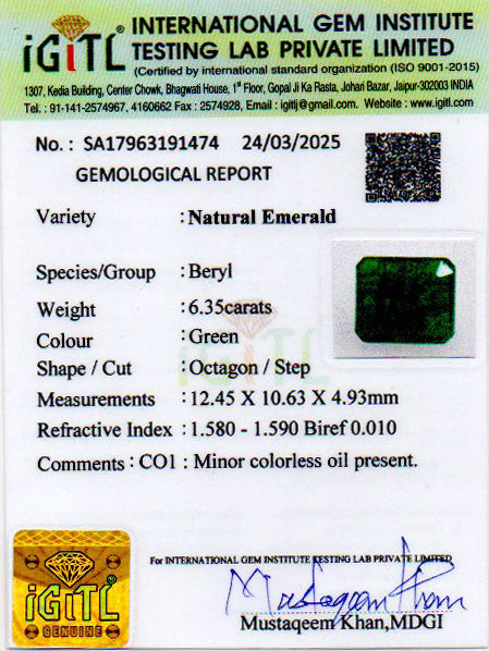 Zambian Emerald - 6.35 Carat Prime Quality EMD-9793