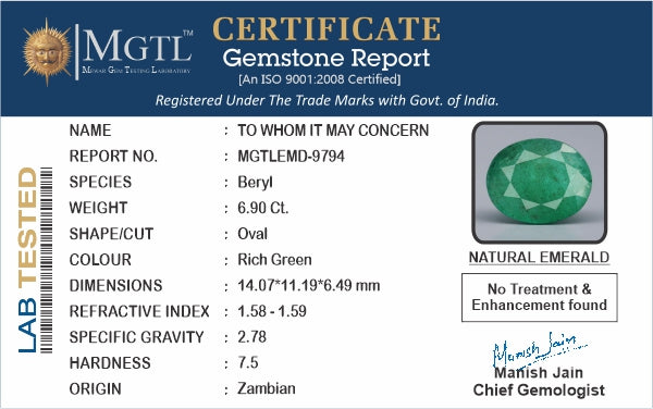 Zambian Emerald - 6.90 Carat Prime Quality EMD-9794