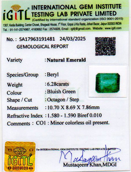 Zambian Emerald - 6.28 Carat Prime Quality EMD-9800