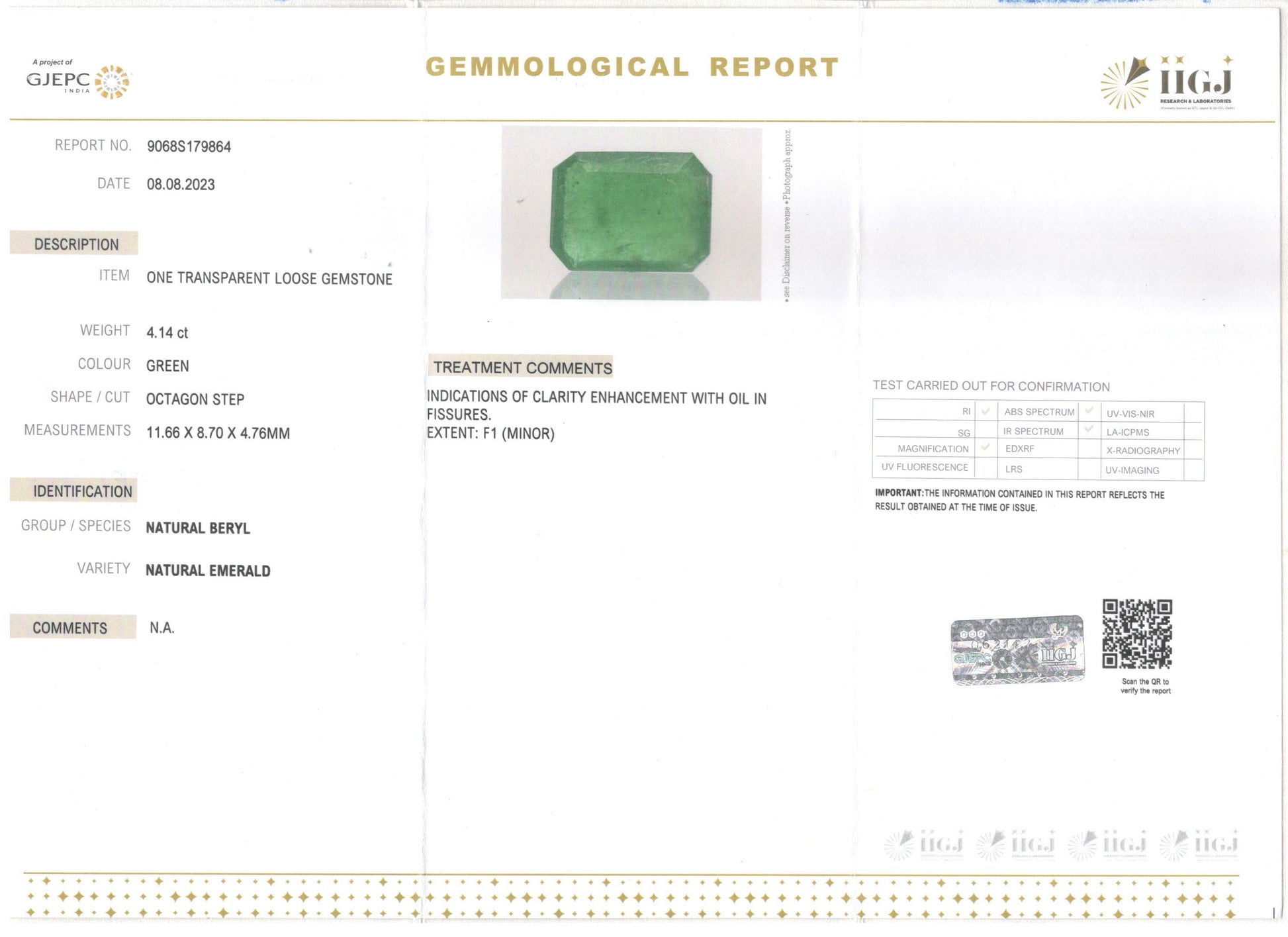 Zambian Emerald - 4.14 Carat Prime Quality EMD-9803