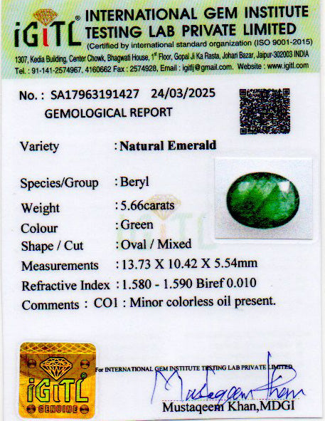 Zambian Emerald - 5.66 Carat Prime Quality EMD-9807