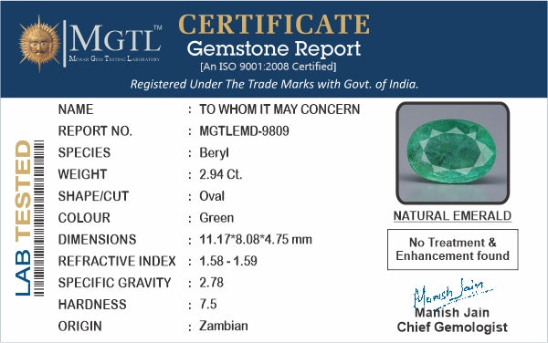 Zambian Emerald - 2.94 Carat Prime Quality EMD-9809