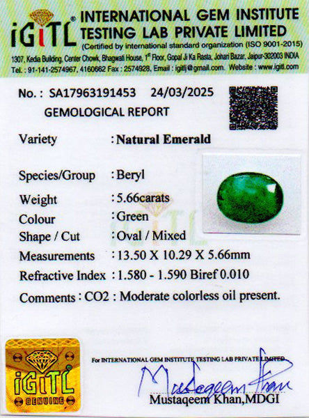 Zambian Emerald - 5.66 Carat Prime Quality EMD-9816