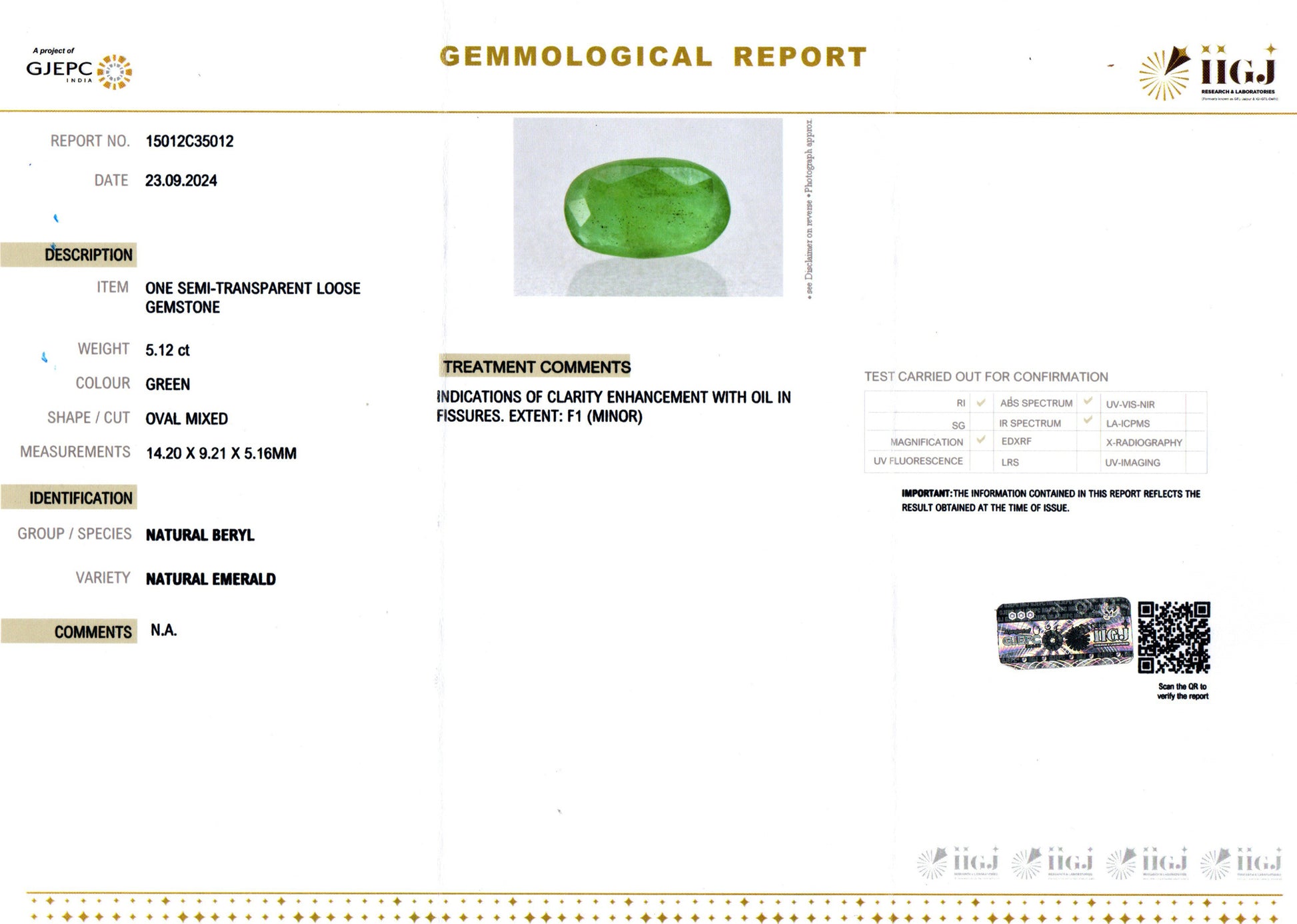 Zambian Emerald - 5.12 Carat Prime Quality  EMD-9842