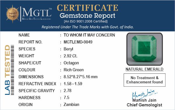 Zambian Emerald - 2.92 Carat Prime Quality EMD-9849