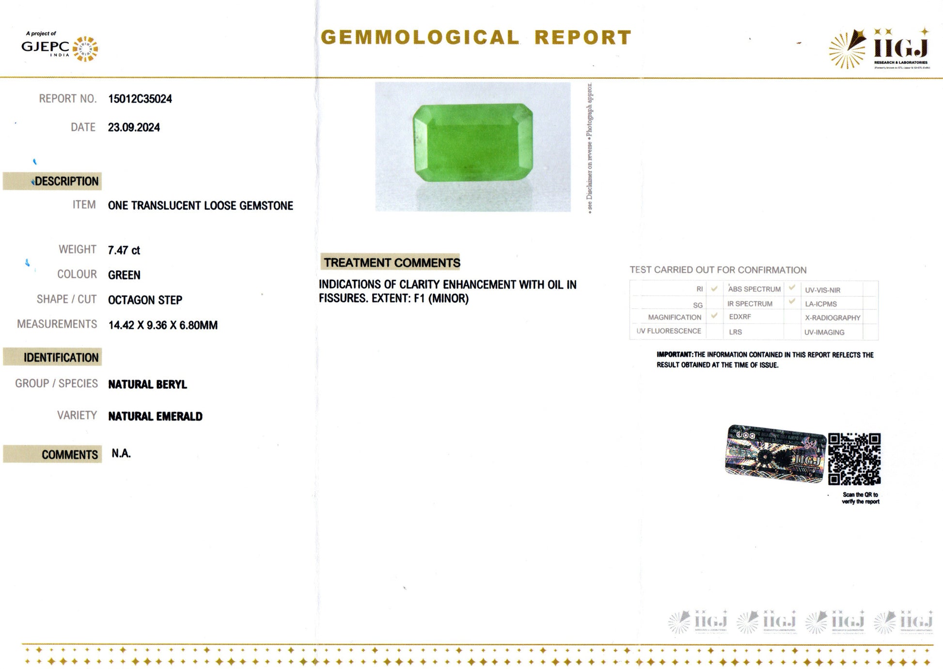 Zambian Emerald - 7.47 Carat Prime Quality  EMD-9857