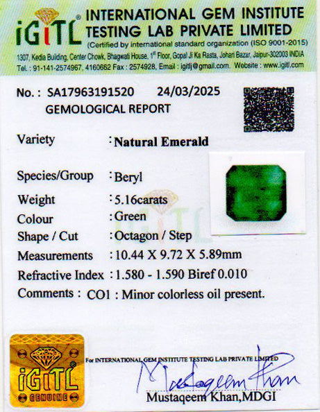 Zambian Emerald - 5.16 Carat Prime Quality EMD-9862