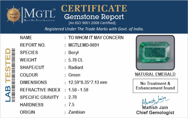 Zambian Emerald - 5.78 Carat Prime Quality EMD-9891