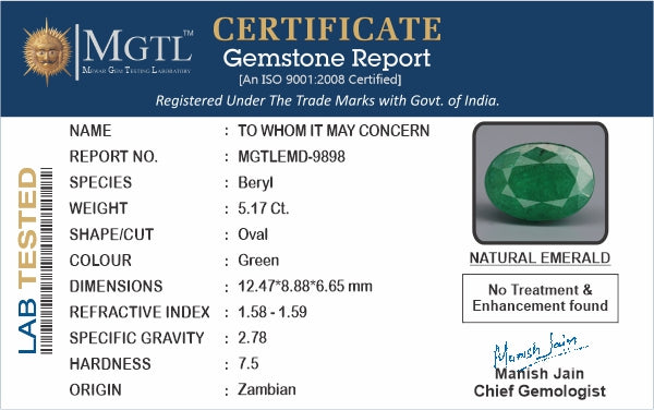 Zambian Emerald - 5.17 Carat Prime Quality EMD-9898