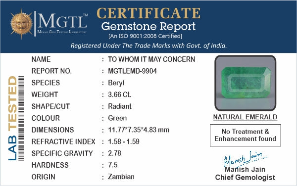 Zambian Emerald - 3.66 Carat Prime Quality EMD-9904