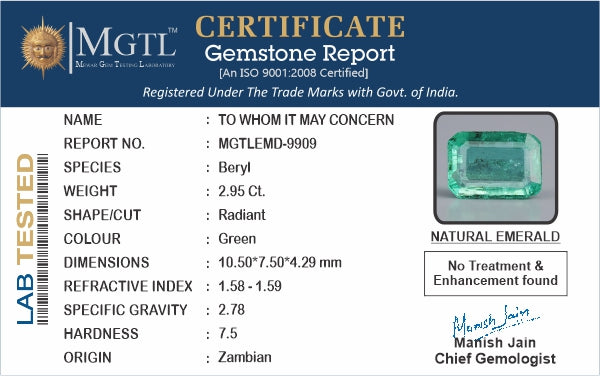 Zambian Emerald - 2.95 Carat Limited Quality EMD-9909