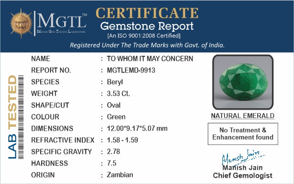 Zambian Emerald - 3.53 Carat Fine Quality EMD-9913
