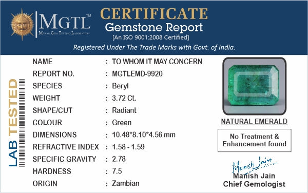 Zambian Emerald - 3.72 Carat Prime Quality EMD-9920
