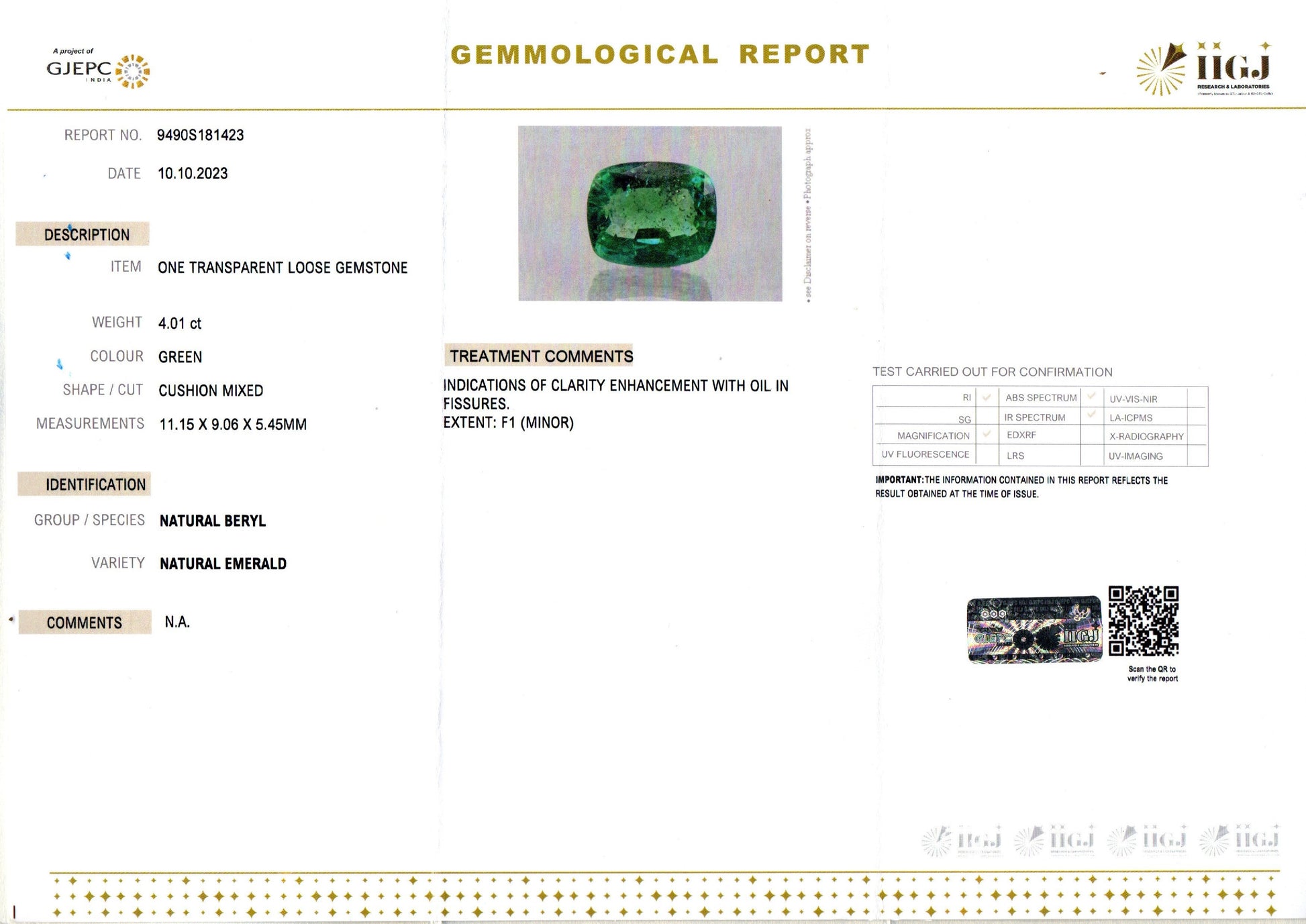 Zambian Emerald - 4.01 Carat Rare Quality EMD-9928