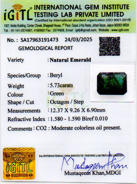 Zambian Emerald - 5.73 Carat Prime Quality EMD-9935