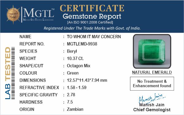 Zambian Emerald - 10.37 Carat Prime Quality EMD-9938