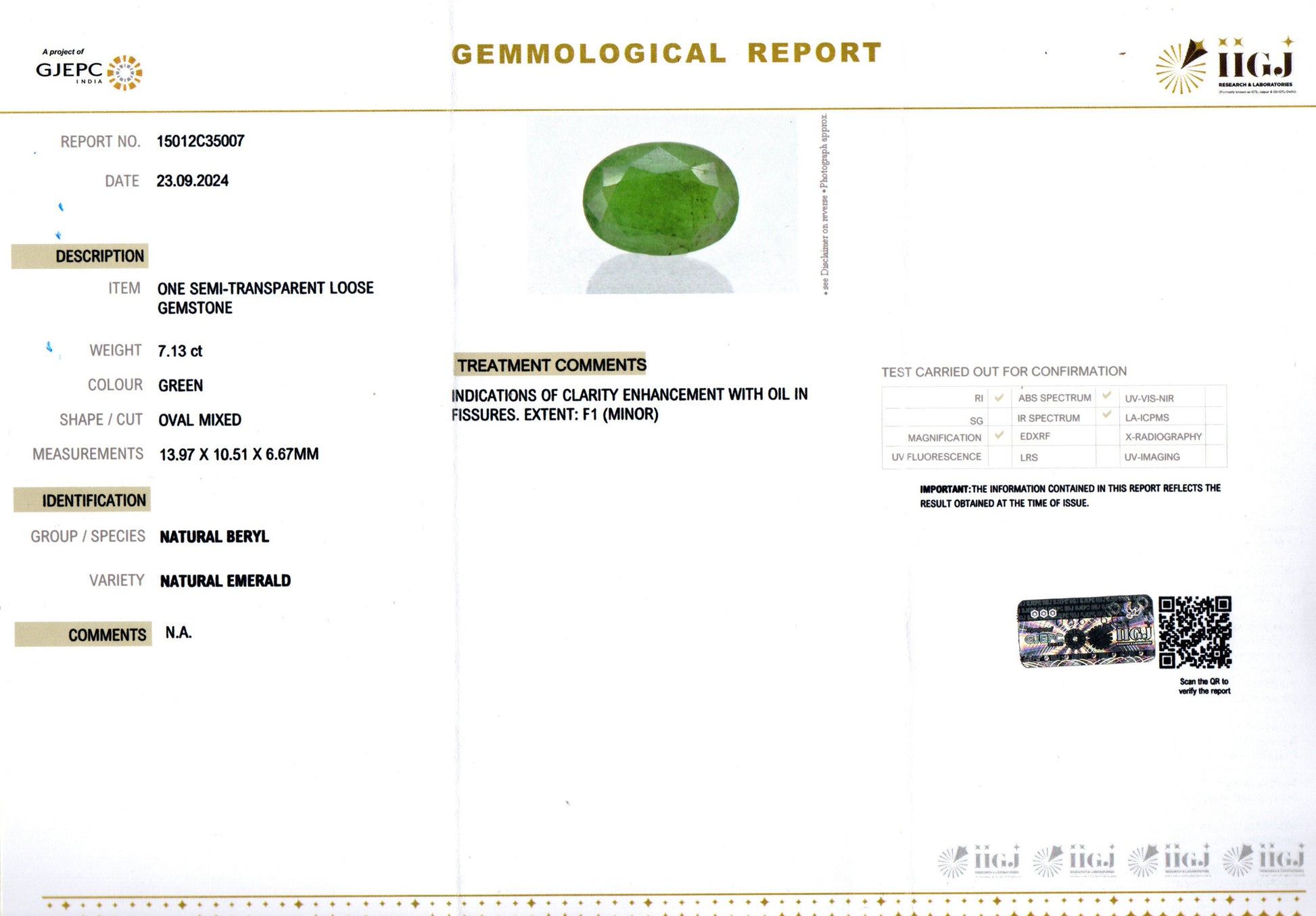 Zambian Emerald - 7.13 Carat Prime Quality EMD-9956