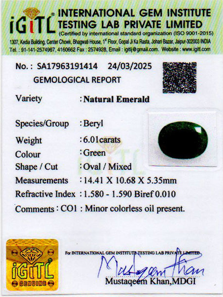 Zambian Emerald - 6.01 Carat Prime Quality EMD-9980