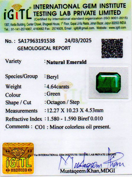 Zambian Emerald - 4.64 Carat Prime Quality EMD-9998
