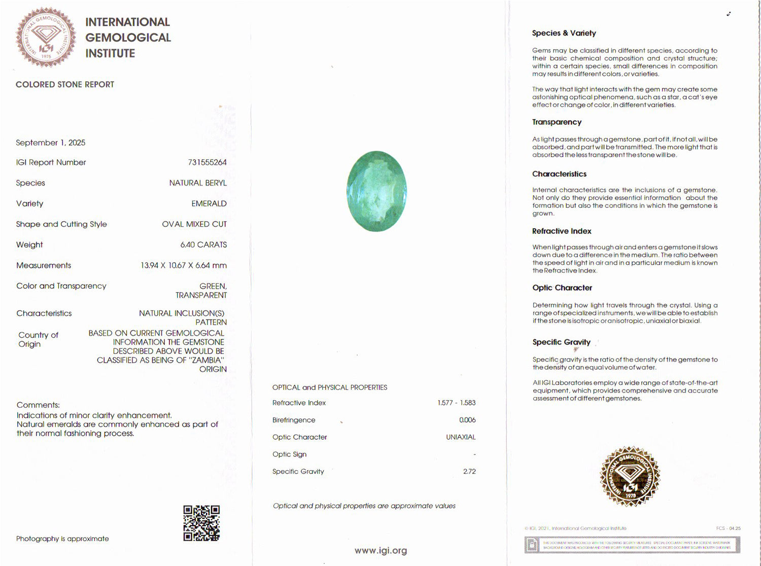 Zambian Emerald - 6.40 Carat Rare Quality EMD-10313