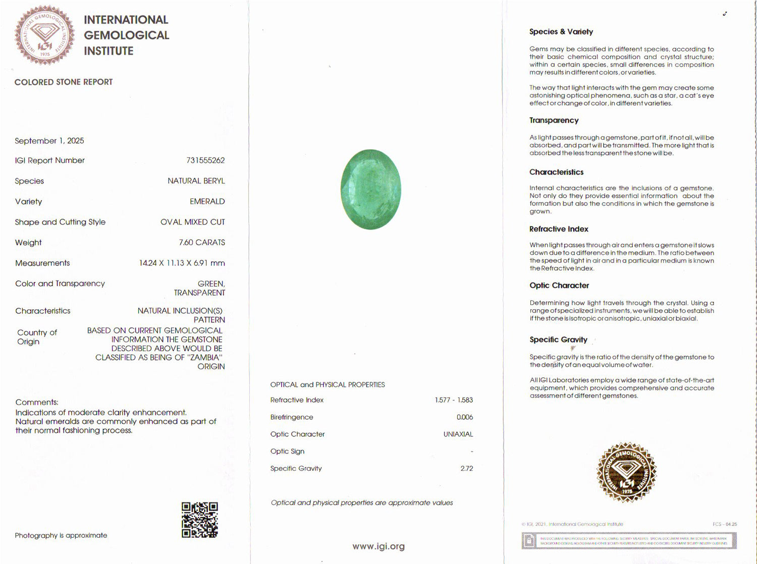 Zambian Emerald - 7.60 Carat Limited Quality EMD-10318
