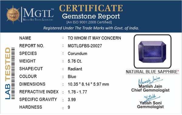 Thailand Blue Sapphire - 5.76 Carat Fine Quality GFBS-20027