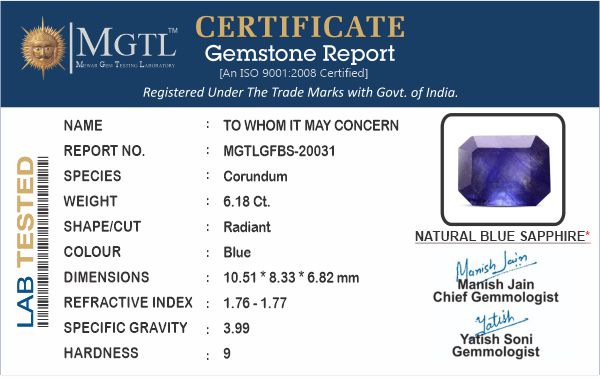 Thailand Blue Sapphire - 6.18 Carat Fine Quality GFBS-20031