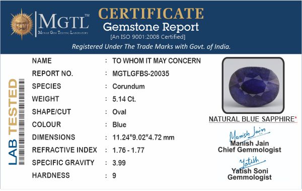 Thailand Blue Sapphire - 5.14 Carat Fine Quality GFBS-20035