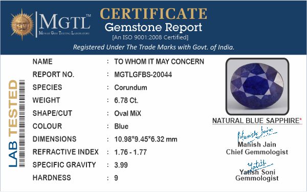 Thailand Blue Sapphire - 6.78 Carat Fine Quality GFBS-20044