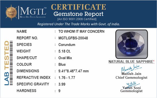 Thailand Blue Sapphire - 5.18 Carat Fine Quality GFBS-20048