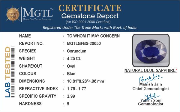 Blue Sapphire - 4.25 Carats