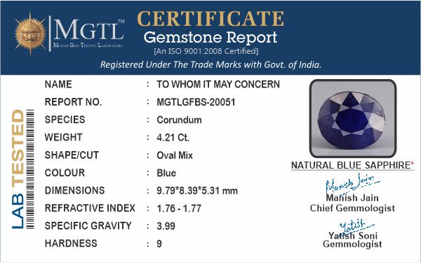 Thailand Blue Sapphire - 4.21 Carat Fine Quality GFBS-20051