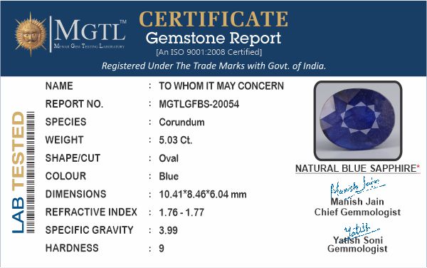 Thailand Blue Sapphire - 5.03 Carat Fine Quality GFBS-20054