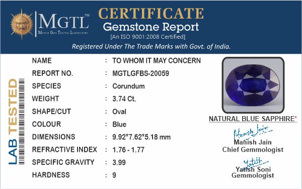 Blue Sapphire - 3.74 Carats