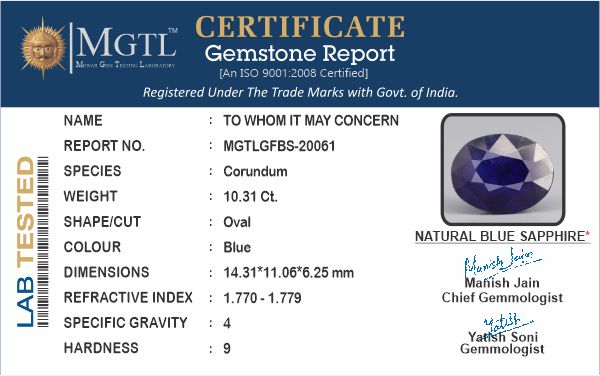 Thailand Blue Sapphire - 10.31 Carat Prime Quality GFBS-20061