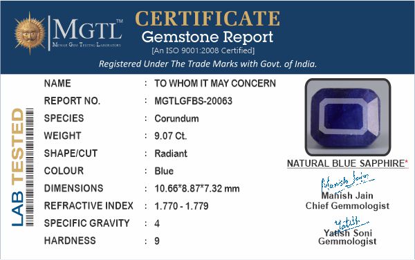 Thailand Blue Sapphire - 9.07 Carat Prime Quality GFBS-20063