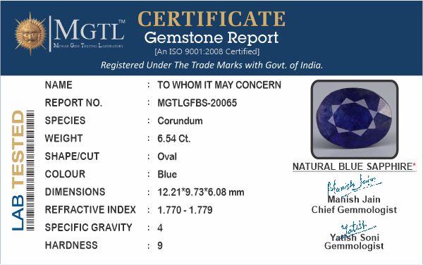 Thailand Blue Sapphire - 6.54 Carat Prime Quality GFBS-20065