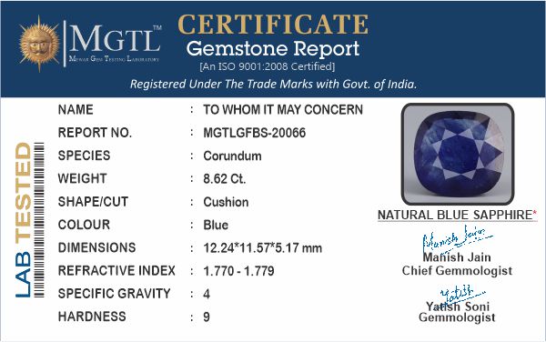 Thailand Blue Sapphire - 8.62 Carat Prime Quality GFBS-20066