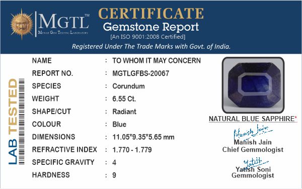 Thailand Blue Sapphire - 6.55 Carat Prime Quality GFBS-20067