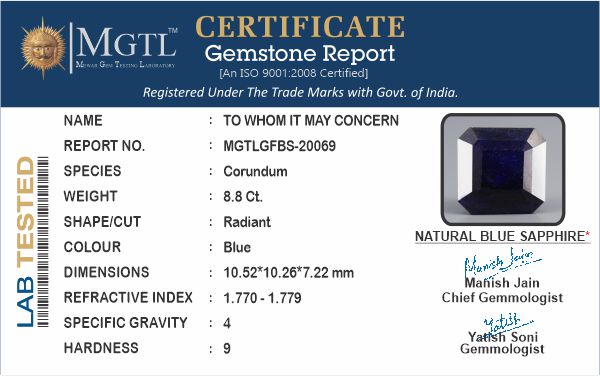 Thailand Blue Sapphire - 8.8 Carat Prime Quality GFBS-20069