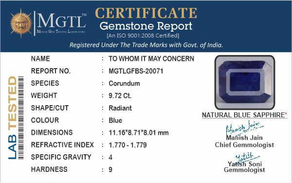 Thailand Blue Sapphire - 9.72 Carat Prime Quality GFBS-20071