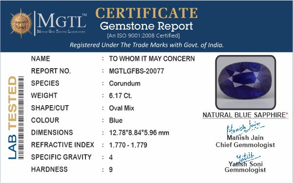 Thailand Blue Sapphire - 6.17 Carat Prime Quality GFBS-20077