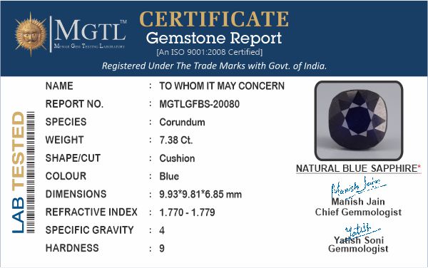 Thailand Blue Sapphire - 7.38 Carat Prime Quality GFBS-20080