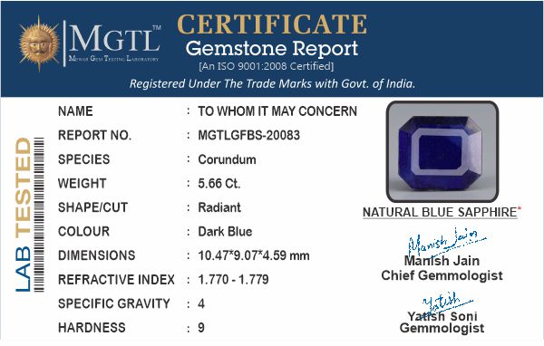 Thailand Blue Sapphire - 5.66 Carat Prime Quality GFBS-20083
