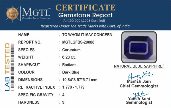 Thailand Blue Sapphire - 6.23 Carat Prime Quality GFBS-20088