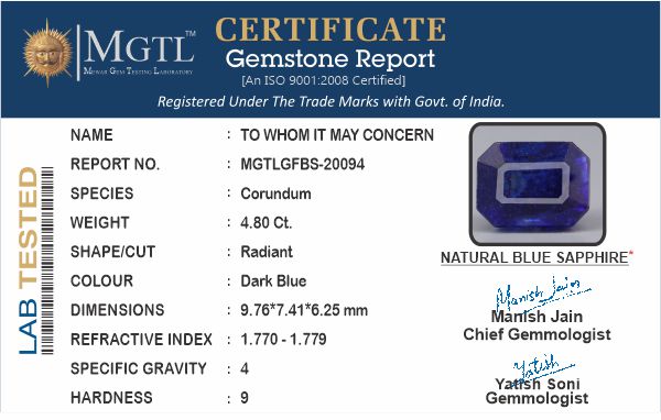 Thailand Blue Sapphire - 4.80 Carat Prime Quality GFBS-20094