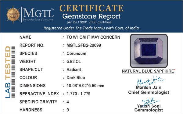 Thailand Blue Sapphire - 6.82 Carat Prime Quality GFBS-20099