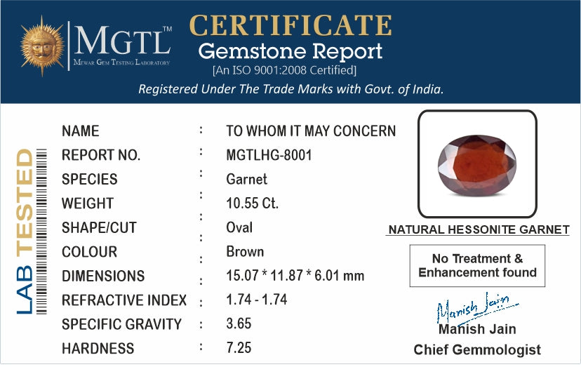 African Hessonite Garnet - 10.55 Carat Prime Quality HG-8001